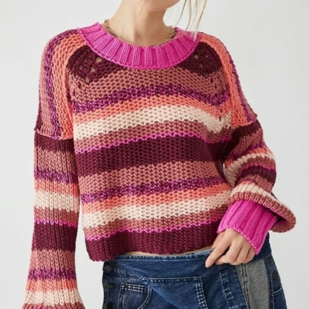 NWT Free People Devon Striped Chunky Knit Oversized Crewneck Sweater In Rose